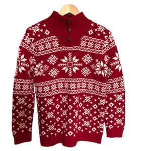 Vintage Cottagecore Red Chunky Knit Festive Snowflake Turtleneck Sweater Small